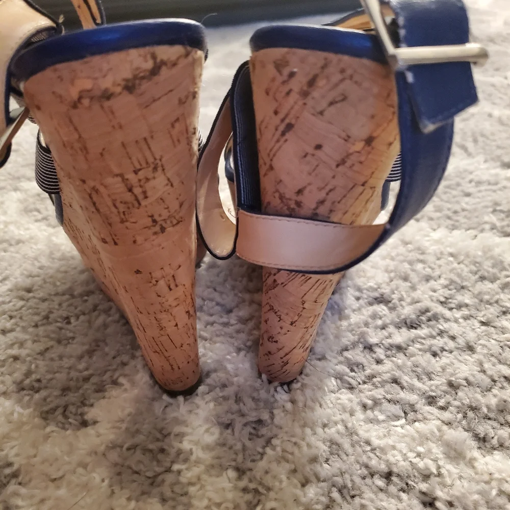 Navy Blue Striped Wedge Sandals